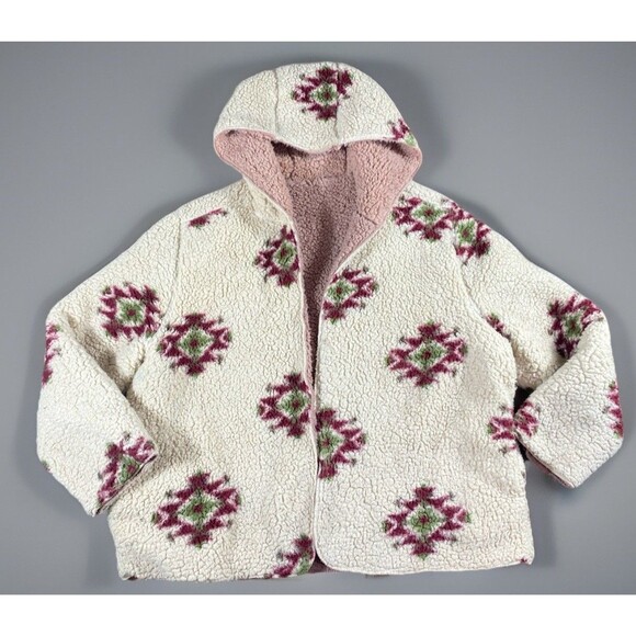 Impressions Floral Aztec Sherpa Reversible Open Hooded Jacket Women’s Size Large - Picture 1 of 7